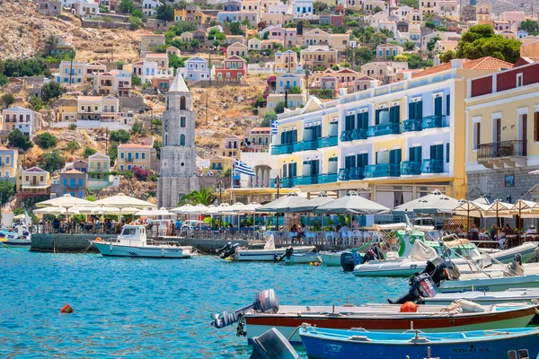 Symi Island Greece July 2015 View Waterfront Harbour Main Town — Stock fotografie