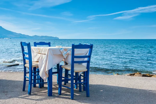 Blue Chairs Table Typical Greek Tavern Sea Kissamos Town Crete — Photo