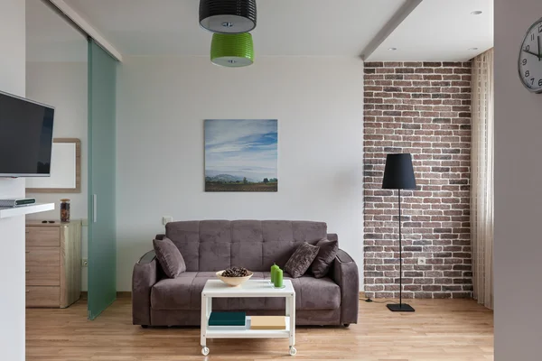 Interieur einer modernen Wohnung im skandinavischen Stil. Hinweis: alle Fotos / Abbildungen an den Wänden sind von mir gemacht und gedruckt. — Stockfoto