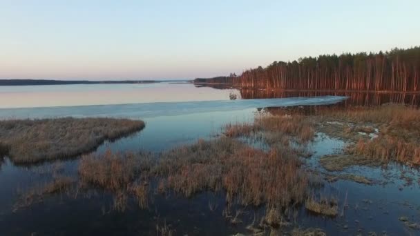 4K. Vol à basse altitude au-dessus d'un lac sauvage au début du printemps au coucher du soleil, vue aérienne . — Video