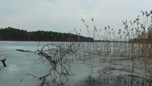 4K. panoramautsikt över vild frusen sjö i tidig vår, trevlig plats för fiske. — Stockvideo