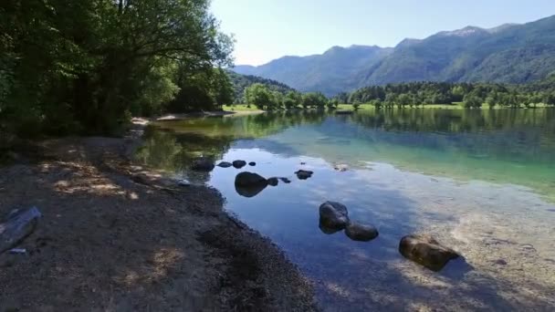 Increíble lago Bohinj por la mañana. Aguas profundas y cristalinas con peces y un hermoso paisaje del valle de Bohinj en los Alpes Julianos. Parque Nacional de Triglav, Eslovenia, Europa . — Vídeo de stock