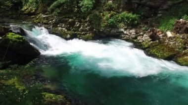 4 k. vahşi Radovna nehir akar Vintgar Gorge. Temiz mavi su ve yeşil orman. Triglav Ulusal Parkı, Julian Alps, Bled Vadisi, Slovenya, Europe.