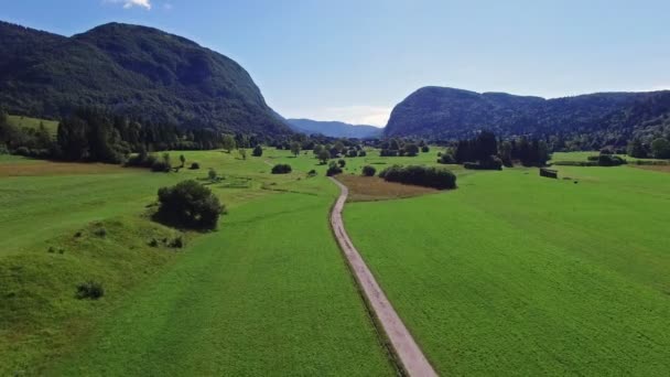 4 k.飞行在早上的绿色渤兴湖山谷上空。在道路上骑自行车的人。斯塔拉 Fuzina 村庄朱利安阿尔卑斯山。Triglav 国家公园，斯洛文尼亚，欧洲. — 图库视频影像