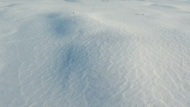 Voo acima de campos de neve no inverno, vista panorâmica aérea. Padrão de neve e textura. Deserto de neve . — Vídeo de Stock