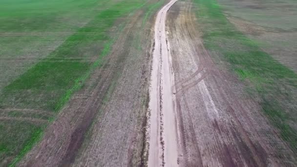 4K. Voo acima de campos verdes com estrada de terra, vista aérea superior . — Vídeo de Stock