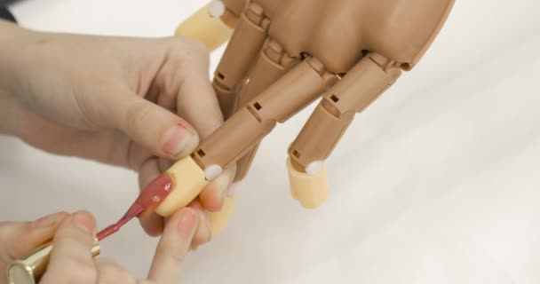 Mujer está pintando uñas esmalte de uñas rosa en la mano de la prótesis sobre fondo blanco. — Vídeos de Stock