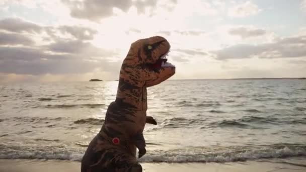 Enorma uppblåsbara dinosaurie med person inuti går på havet stranden vid solnedgången. — Stockvideo