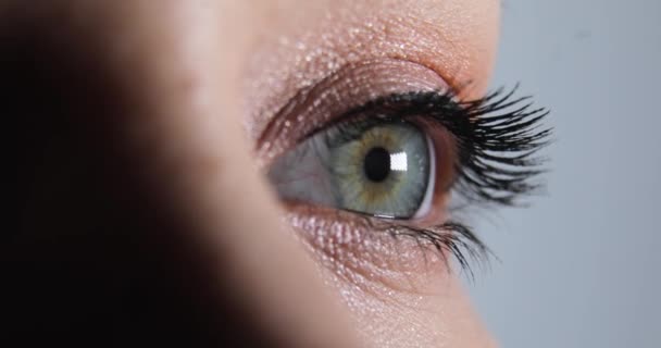 Жінка з відкриттям красиве око з зеленою ірисою і макіяжем, вид крупним планом . — стокове відео