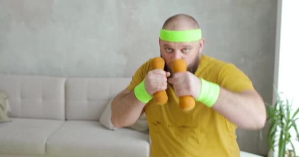 Funny fat man in sportswear is boxing with dumbbells looking at camera at home. — Stock Video