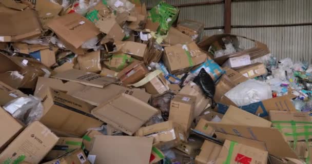 Volcado de basura, cajas de cartón, papel clasificado de plástico. Panorama. — Vídeos de Stock