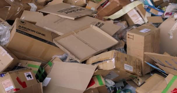 Vuilnisbelt, kartonnen dozen, voor recycling. Close-up. — Stockvideo