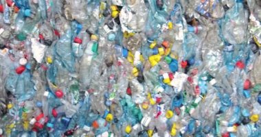 Renkli kapaklı sıkıştırılmış plastik şişeler. Yakın plan. Atık geri dönüşüm aşaması.