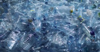 Bir sürü kapaklı plastik mavi şişe. Yakın plan..