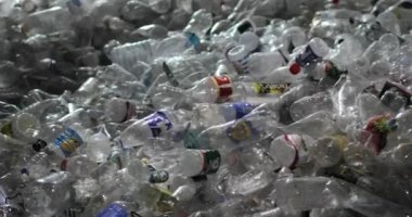 Kapaklı ve etiketli bir sürü plastik şişe. Yakın plan..