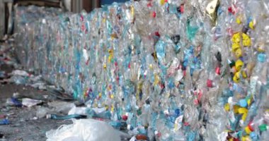 Renkli kapaklı sıkıştırılmış plastik şişeler. Katı atıkların ortadan kaldırılması ve işlenmesi.