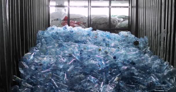 Veel plastic blauwe flessen met doppen liggen in de berging met een raam op de achtergrond. — Stockvideo