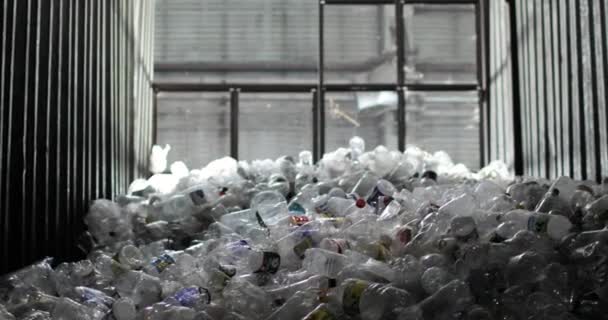 Много пластиковых бутылок с колпачками и этикетками находятся на складе с окном на заднем плане. — стоковое видео