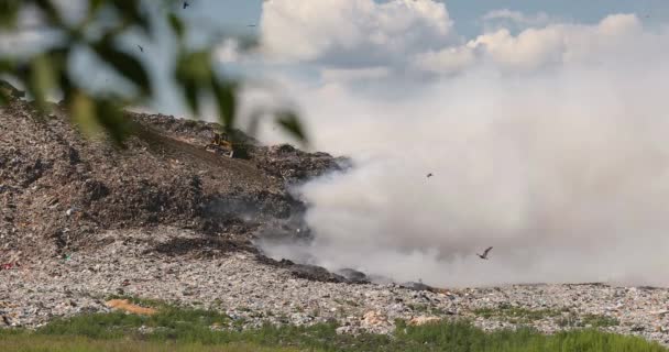 Wolken van rook boven het afvalland, luchtbeelden. Verbranding afvalberg op stortplaats giftige rook stijgt in de lucht ecologische vervuiling. — Stockvideo