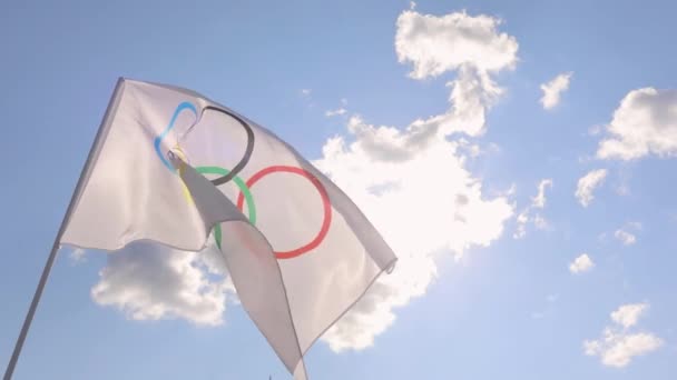 TOKYO, JAPAN - JULY 21, 2021: olypian flag waving in the wind, against the backdrop of the blue sky and the sun. Olympic Games — Vídeo de stock