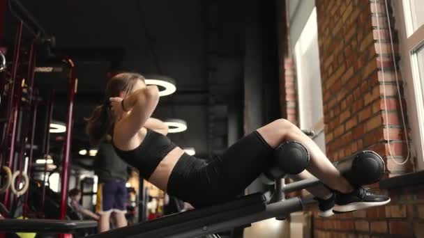 Joven atleta femenina sacude la prensa, músculos abdominales tensos levantando el torso. Mujer haciendo ejercicios en el gimnasio frente a la ventana y la pared de ladrillo. Vista lateral. — Vídeos de Stock