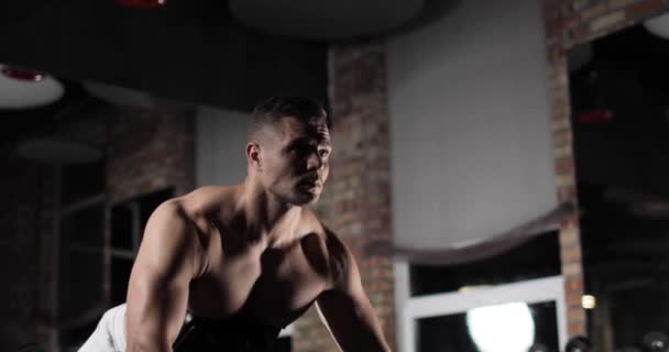 Portret van een bodybuilder training in de sportschool met een bodybar, oefeningen doen voor de spieren van de rug, biceps, schouders. — Stockvideo