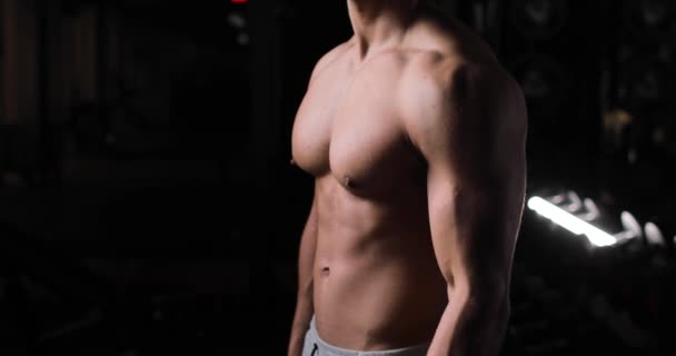 Nahé trup atletický mladý muž cvičení v tělocvičně dělat silové cvičení s činkou. — Stock video