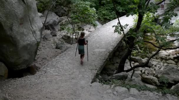 Meisje houdt zich bezig met Nordic Walking — Stockvideo