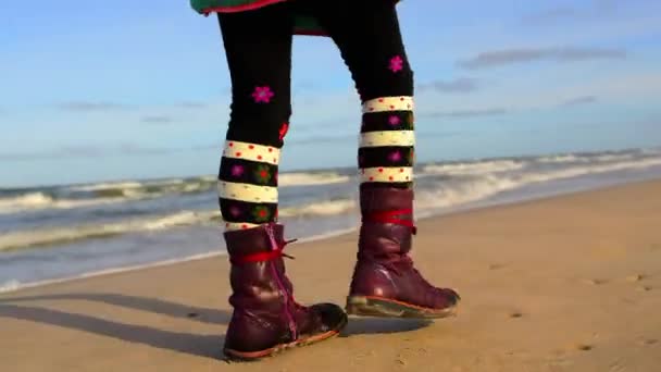 Little girl walks along shore of Baltic Sea — Stock Video