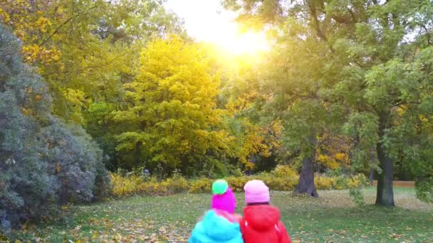 Две младшие сестры, гуляющие по осеннему лесу — стоковое видео