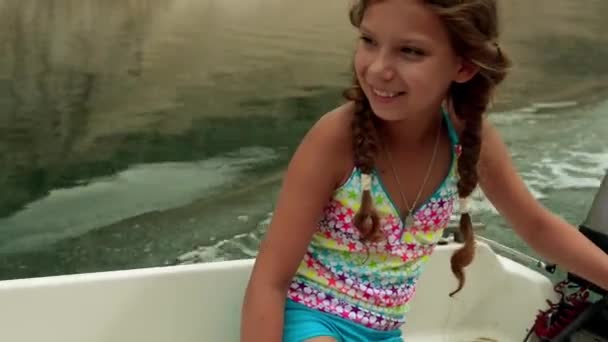 Little beautiful girl goes on boat, Adriatic Sea — Stock Video