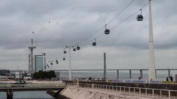 Ropeway w pobliżu Vasco da Gama Tower w Lizbonie — Wideo stockowe