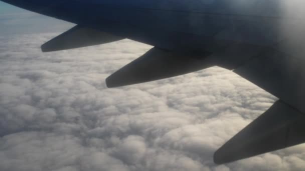 Самолет пролетает над толстыми белыми облаками — стоковое видео
