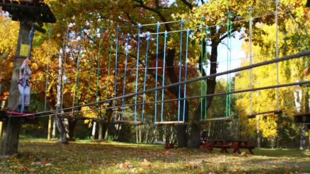 Niña en el parque de aventuras. El parque de aventura es un lugar que puede contener una amplia variedad de elementos, como ejercicios de escalada de cuerdas, pistas de obstáculos y tirolinas. Se destinan a la recreación . — Vídeos de Stock