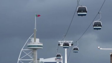 Teleferik Vasco da Gama Kulesinin yakınında olduğunu bir 145 m kafes kule gökdelen Lizbon, Portekiz, explorer, yelken, 1498 Hindistan'da gelmesi oldu ismini Tagus Nehri üzerinde inşa.