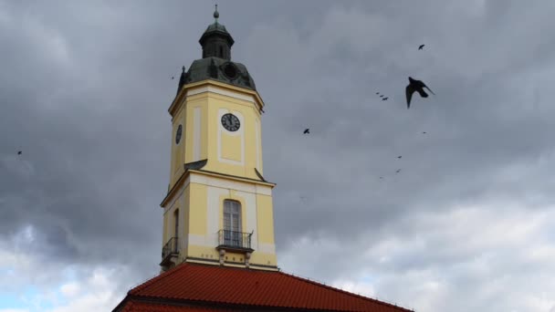 Ayuntamiento de Bialystok edificio barroco tardío situado en el mercado Kosciuszko en Bialystok, construido entre 1745-1761 con torre del reloj fundada por Jan Klemens Branicki diseñado por Jan Henryk Klemm . — Vídeo de stock