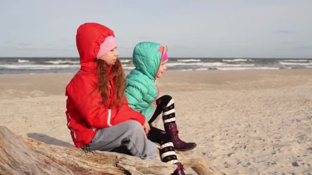 Kleine schöne Mädchen in Jacken mit Kapuze sitzen auf Treibholz am Ufer der Ostsee und schauen in die Ferne. — Stockvideo