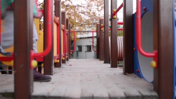 Deux petites belles filles marchent sur l'aire de jeux dans le parc de la ville d'automne . — Video