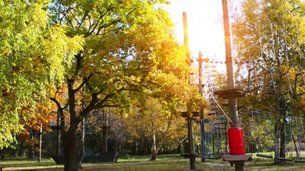 Liten flicka i äventyrsparken. Äventyrsparken är platsen som kan innehålla många olika element som rep klättring övningar, hinderbanor och zip-linjer. De avsedda för rekreation. — Stockvideo