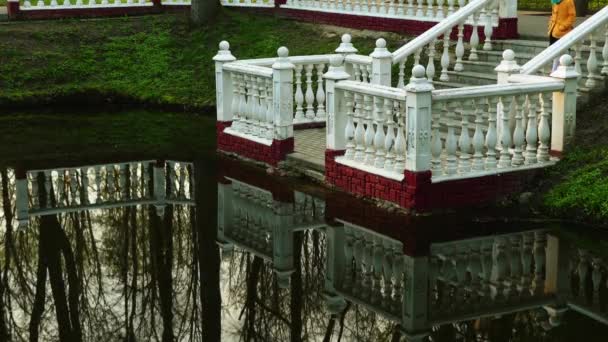 Petite belle fille souriante sur un pont de pierre près d'un étang dans un parc de la ville printemps . — Video