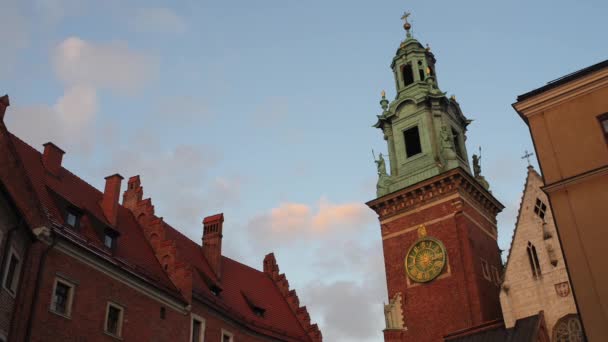 Poklatkowy: Wawel jest ufortyfikowany kompleks architektoniczny wzniesiony na brzegu Wisły w Krakowie, Polska. Tam jest Zamek Królewski i Katedra Wawelska, (który jest Bazylika St Stanisław, Wacław St). — Wideo stockowe