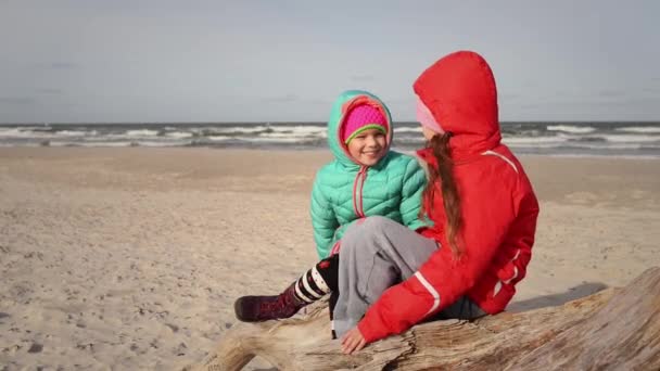 Petites belles filles en vestes avec capuche se trouve sur le bois flotté sur le rivage de la mer Baltique et regarde au loin . — Video