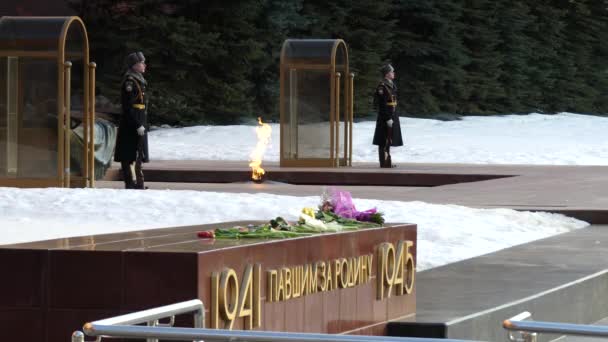 Moskva, Ryssland-Mart 10 2016: Eternal Flame vid graven av den okände soldaten i Alexander trädgården för att hedra de döda i det stora fosterländska kriget — Stockvideo
