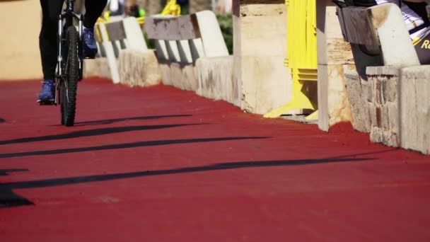 Ciclista montando en un carril bici rojo junto al pavimento peatonal . — Vídeos de Stock