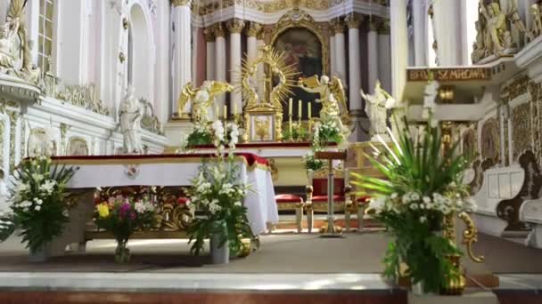 Poznan, Polen - 25 September 2015: De kerk van St. Francis Seraphic in Poznan, Polen meestal genoemd Bernardine kerk - barokke kerk en aangrenzende klooster liggen op straat Garbary 22. — Stockvideo