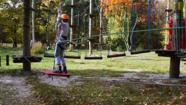 Meisje klimmen in adventure park is een plaats die kan bevatten een grote verscheidenheid van elementen, zoals touwklimmen oefeningen, hindernisbanen en zip-lijnen. — Stockvideo