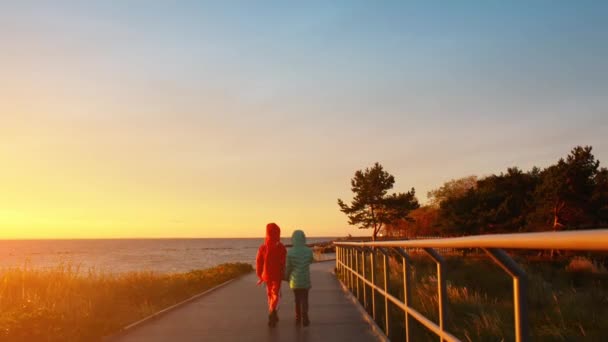 Dos hermanas pequeñas caminando en el día de otoño a lo largo de la orilla del Mar Báltico en la península de Hel, Polonia . — Vídeos de Stock