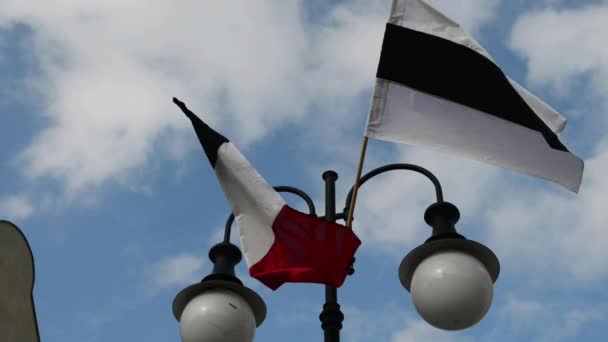 Paslek, polen - 14. September 2015: schwarz-weiße Fahne von einem Laternenpfahl. Paslek ist eine Stadt in der Woiwodschaft Warmland-Masuren, Polen. — Stockvideo