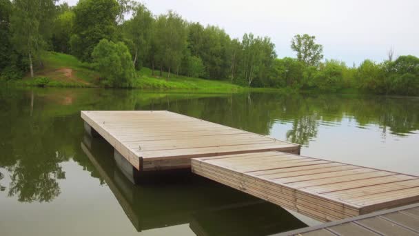 Puente de madera en la orilla de un estanque en un parque de la ciudad en verano . — Vídeos de Stock