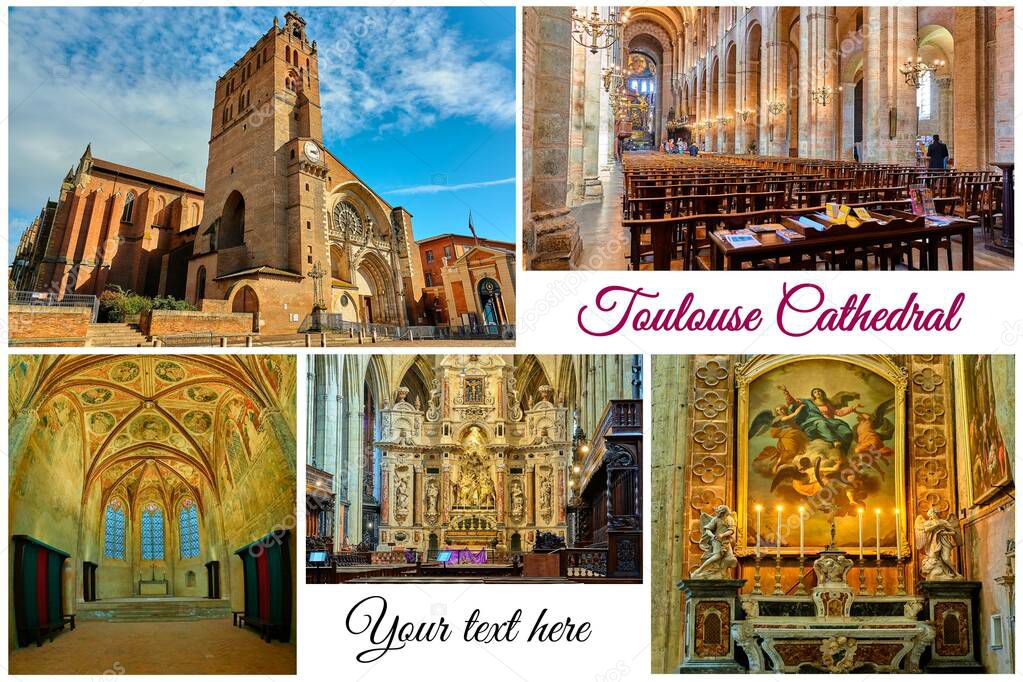 Photo collage famous places and cityscapes of Toulouse, is the capital of the French department of Haute-Garonne and of the region of Occitanie. The city is on the banks of the River Garonne